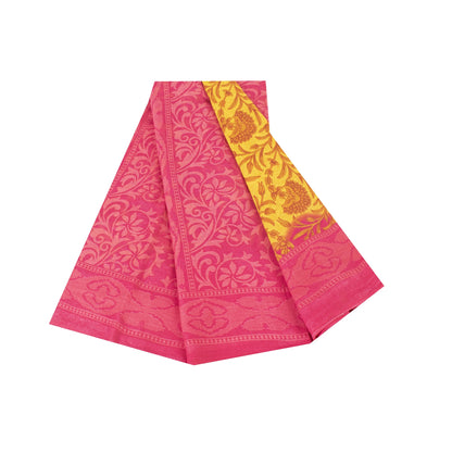 Sanskriti Vintage Sarees Yellow & Pink Pure Cotton Print Sari 5+yd Craft Fabric