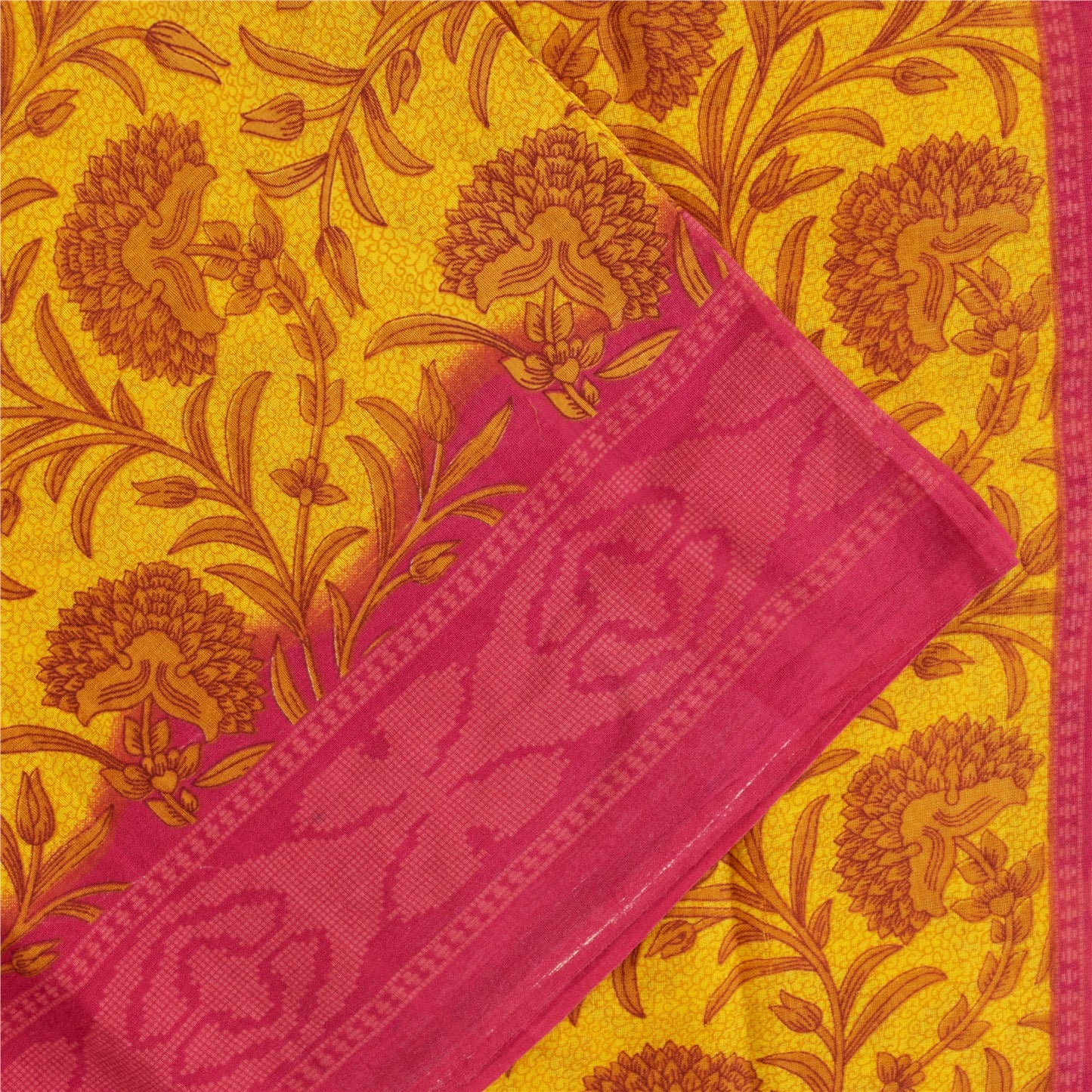 Sanskriti Vintage Sarees Yellow & Pink Pure Cotton Print Sari 5+yd Craft Fabric