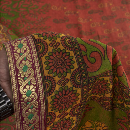 Sanskriti Vintage Sarees Indian Red Pure Cotton Printed Sari 5+yd Craft Fabric