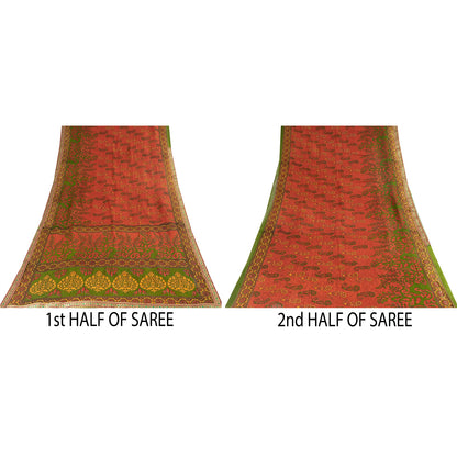 Sanskriti Vintage Sarees Indian Red Pure Cotton Printed Sari 5+yd Craft Fabric