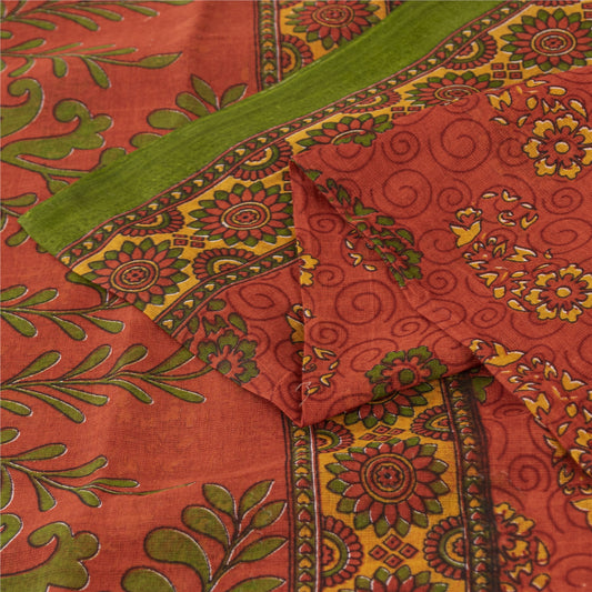 Sanskriti Vintage Sarees Indian Red Pure Cotton Printed Sari 5+yd Craft Fabric