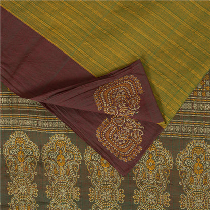 Sanskriti Vintage Sarees Green Pure Cotton Lines Printed Sari 5+yd Craft Fabric