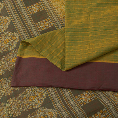 Sanskriti Vintage Sarees Green Pure Cotton Lines Printed Sari 5+yd Craft Fabric