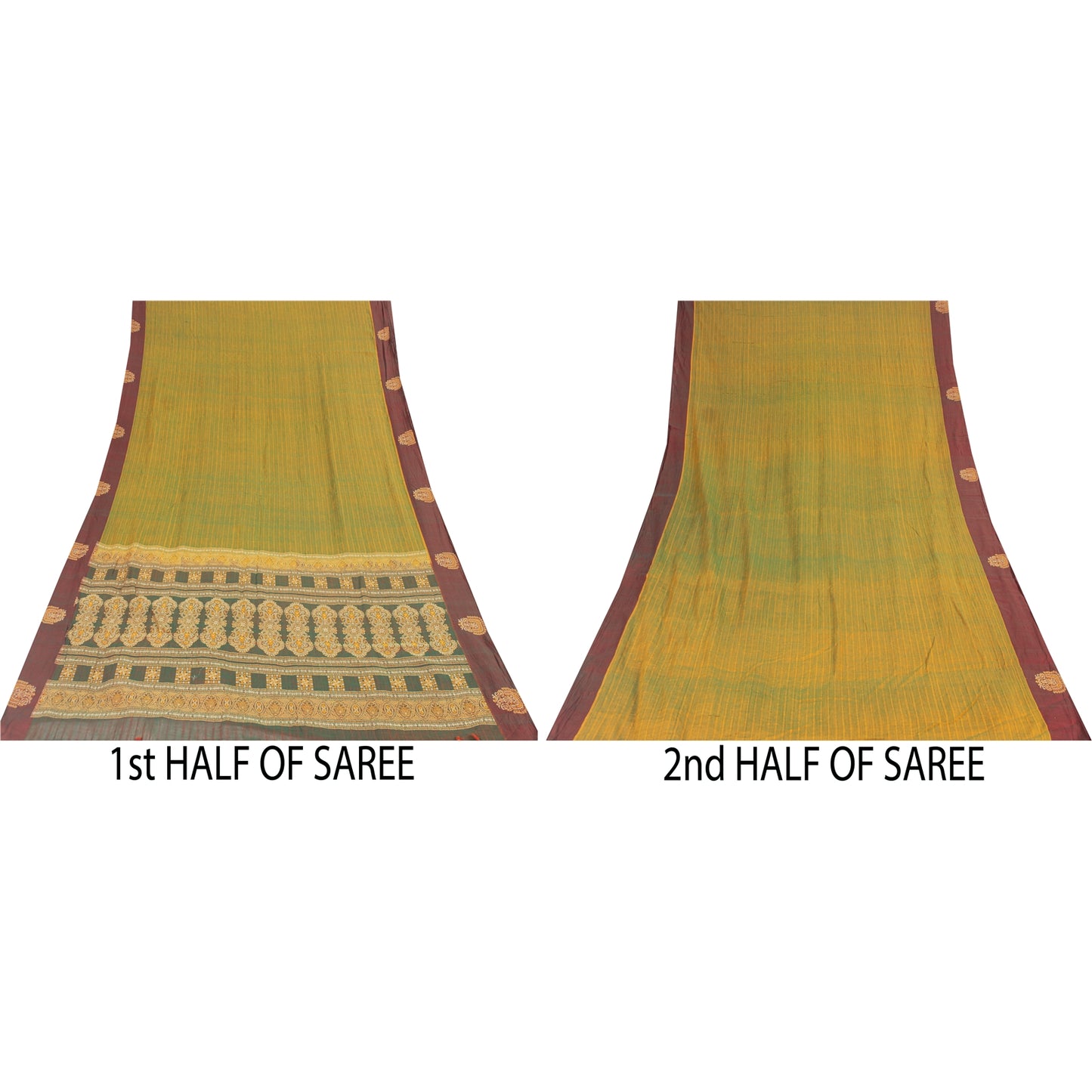 Sanskriti Vintage Sarees Green Pure Cotton Lines Printed Sari 5+yd Craft Fabric