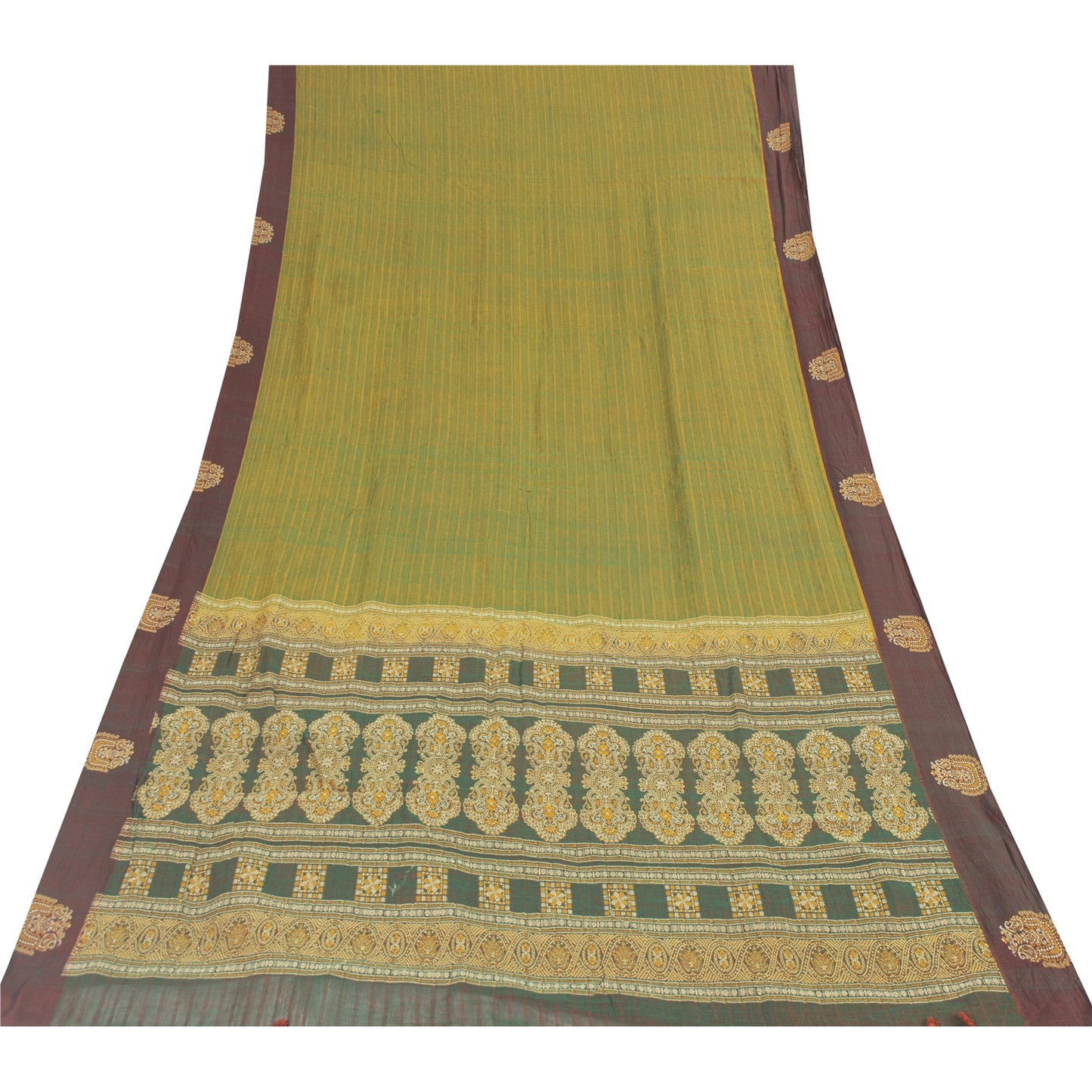 Sanskriti Vintage Sarees Green Pure Cotton Lines Printed Sari 5+yd Craft Fabric