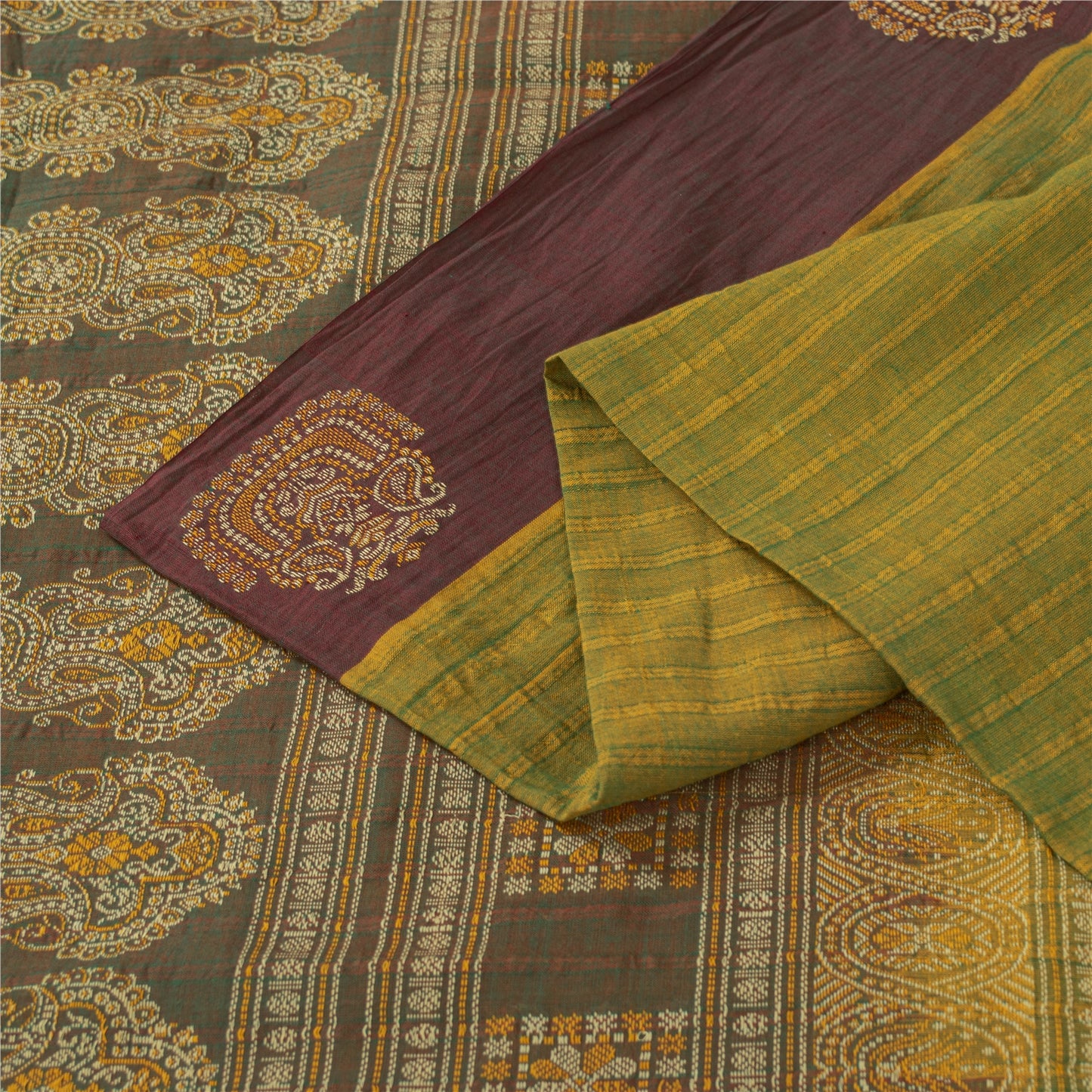 Sanskriti Vintage Sarees Green Pure Cotton Lines Printed Sari 5+yd Craft Fabric