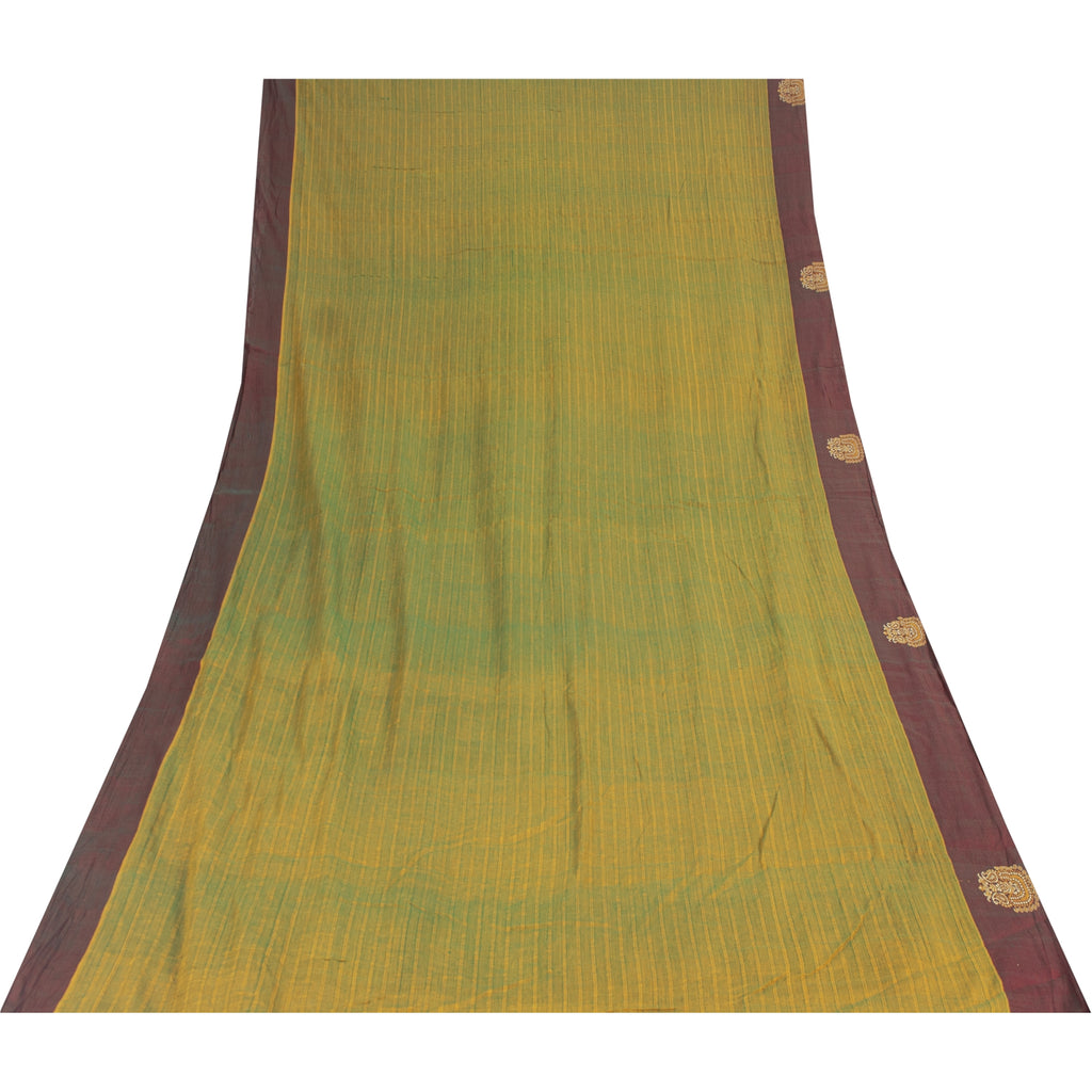 Sanskriti Vintage Sarees Green Pure Cotton Lines Printed Sari 5+yd Craft Fabric