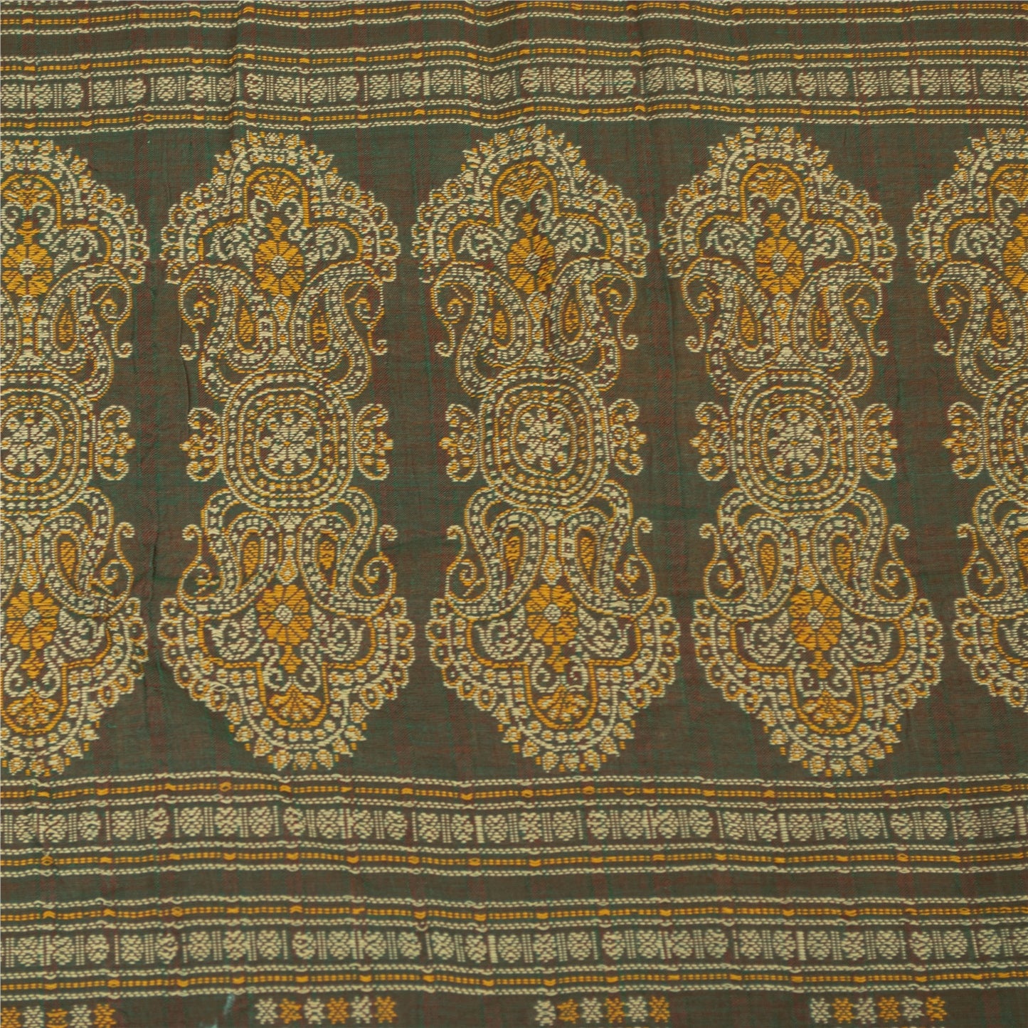 Sanskriti Vintage Sarees Green Pure Cotton Lines Printed Sari 5+yd Craft Fabric