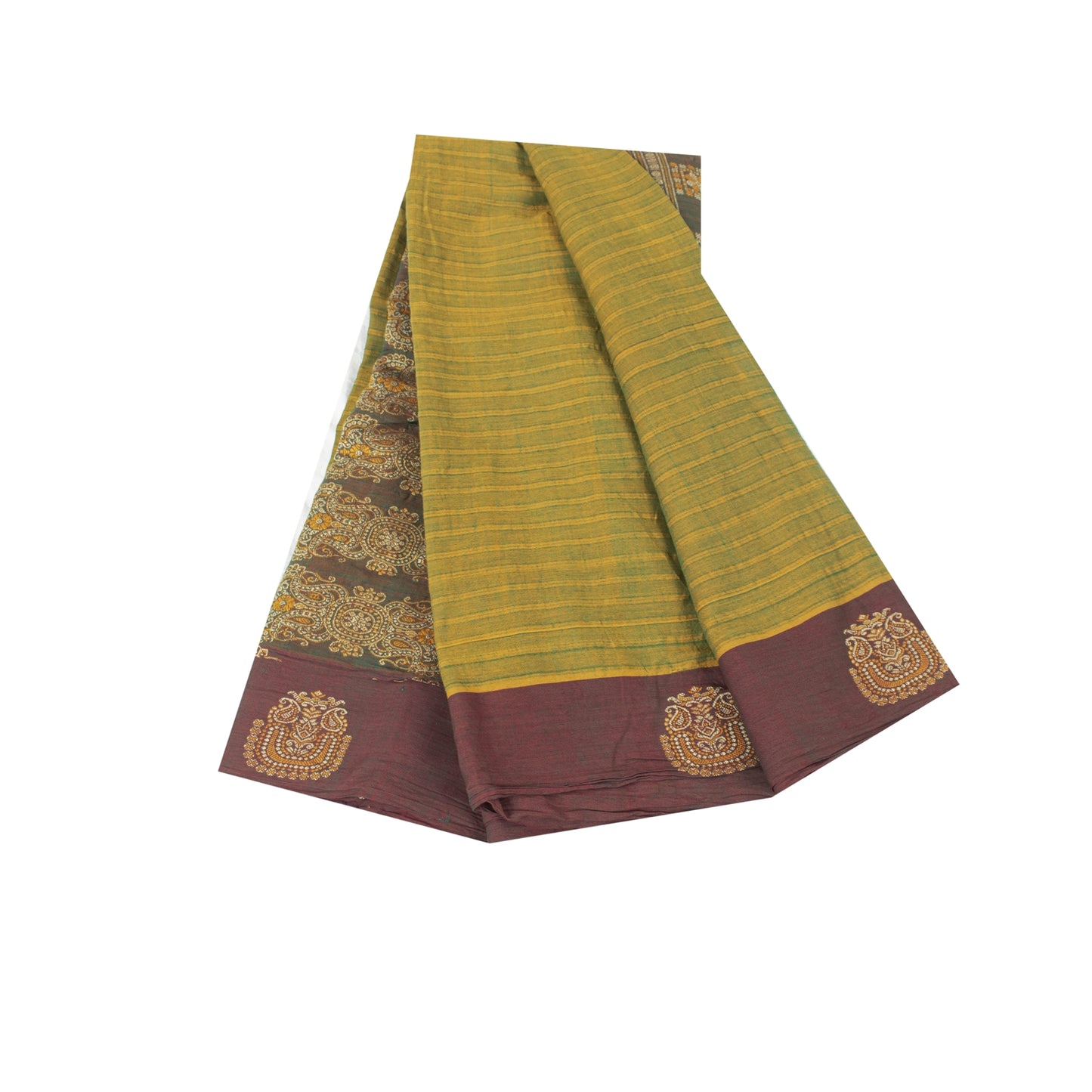 Sanskriti Vintage Sarees Green Pure Cotton Lines Printed Sari 5+yd Craft Fabric