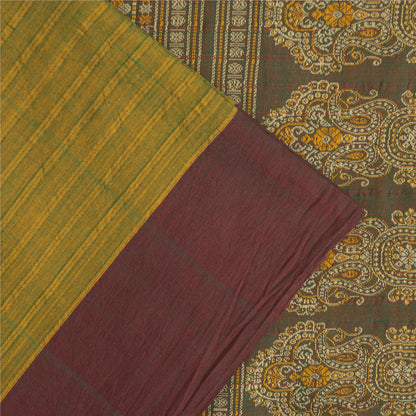 Sanskriti Vintage Sarees Green Pure Cotton Lines Printed Sari 5+yd Craft Fabric