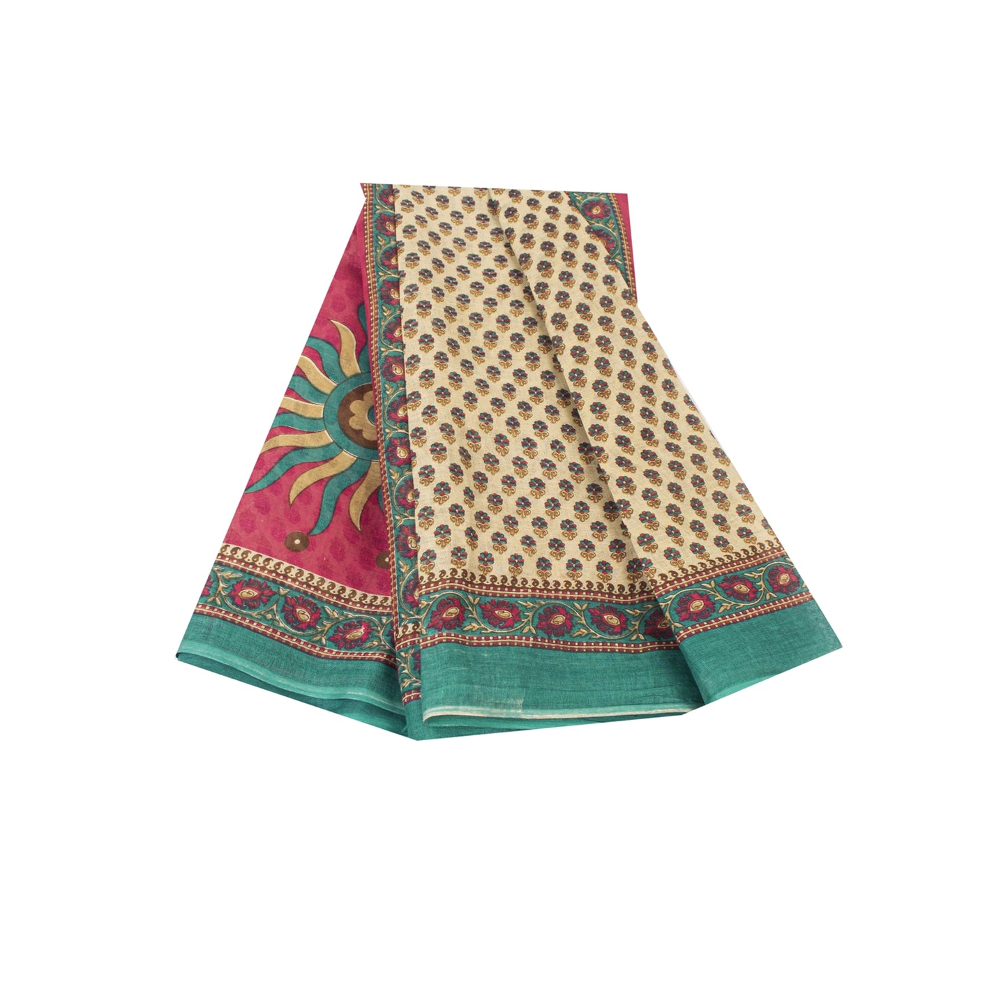 Sanskriti Vintage Sarees Indian Ivory Pure Cotton Printed Sari 5+yd Craft Fabric