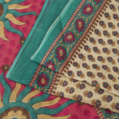 Sanskriti Vintage Sarees Indian Ivory Pure Cotton Printed Sari 5+yd Craft Fabric