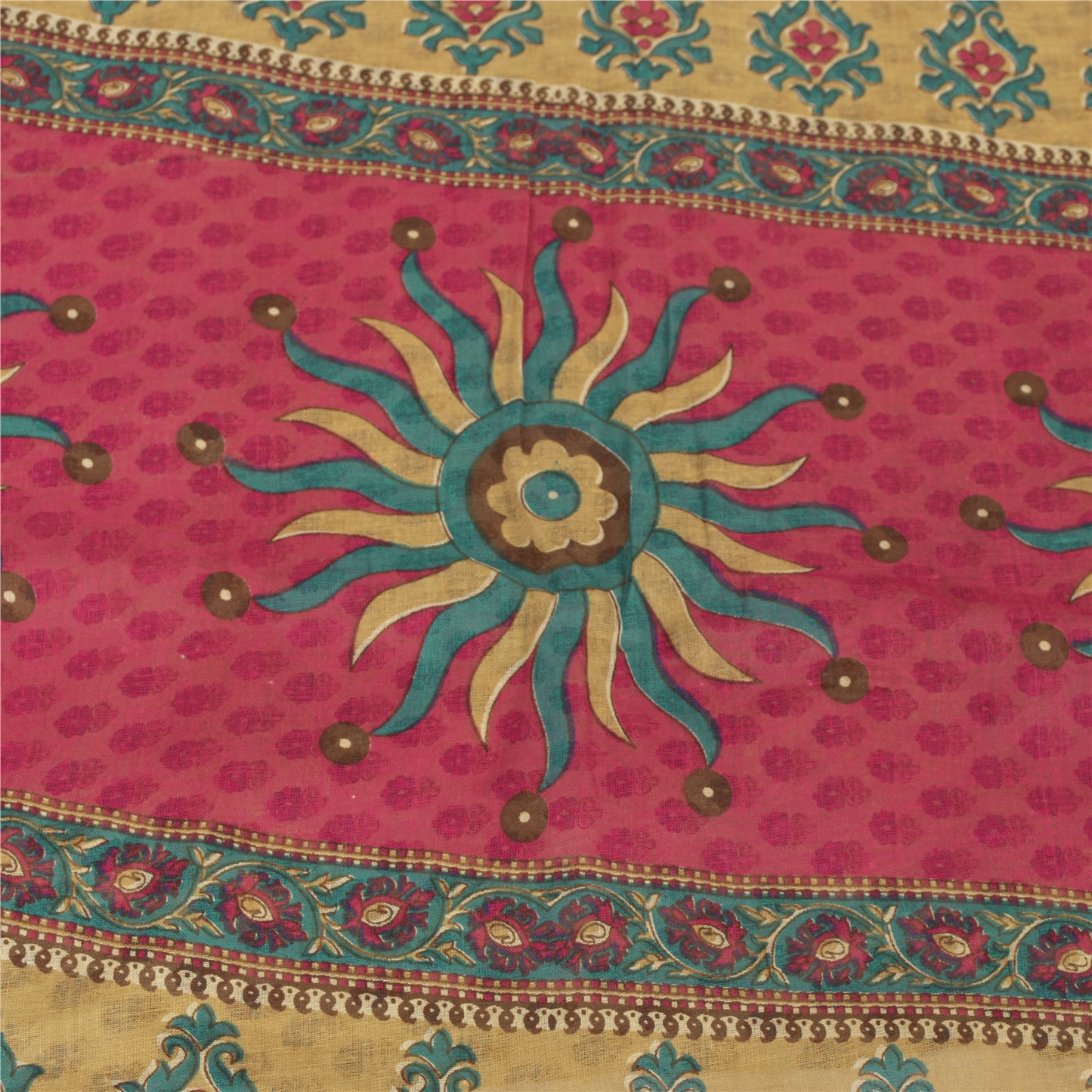 Sanskriti Vintage Sarees Indian Ivory Pure Cotton Printed Sari 5+yd Craft Fabric