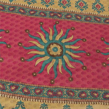 Sanskriti Vintage Sarees Indian Ivory Pure Cotton Printed Sari 5+yd Craft Fabric