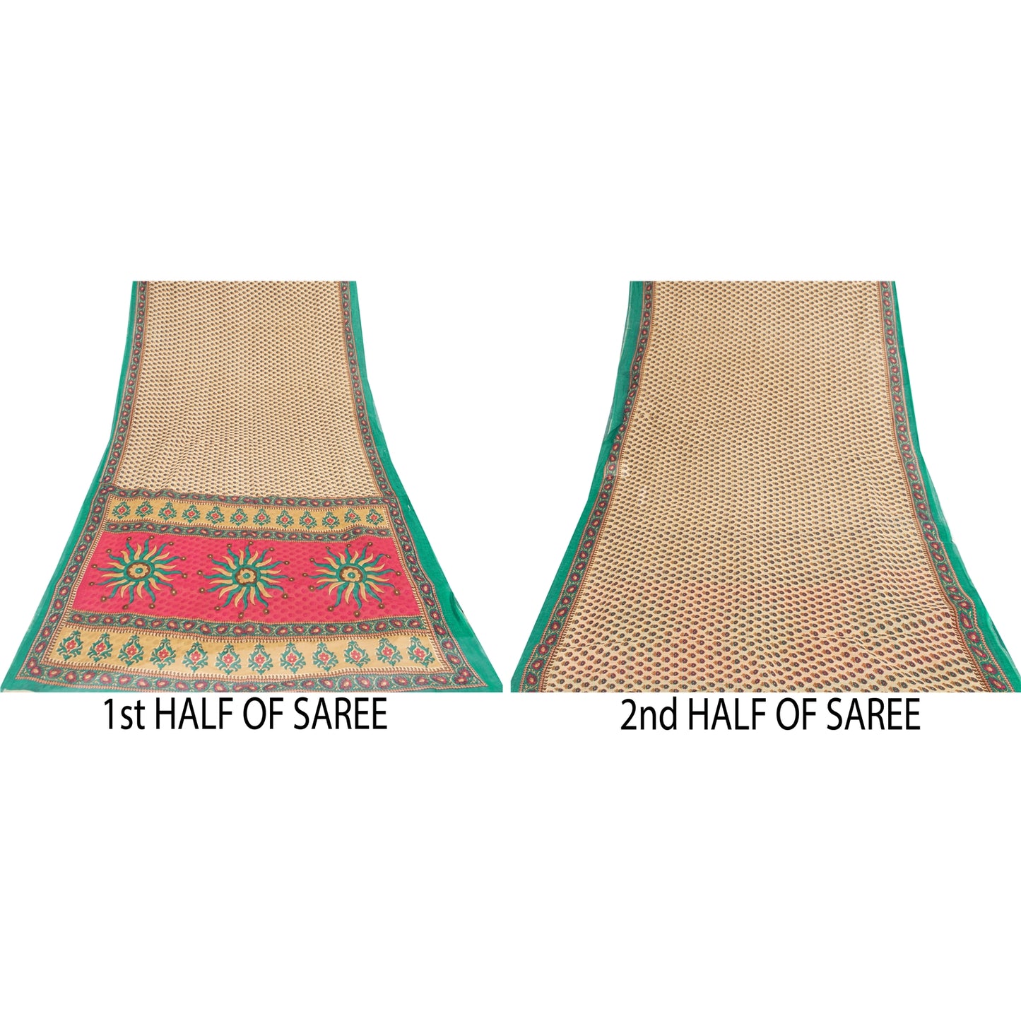 Sanskriti Vintage Sarees Indian Ivory Pure Cotton Printed Sari 5+yd Craft Fabric