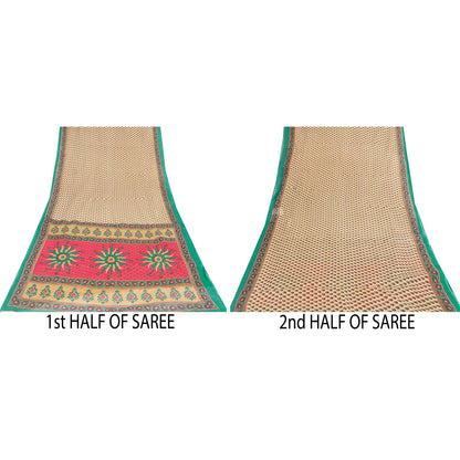 Sanskriti Vintage Sarees Indian Ivory Pure Cotton Printed Sari 5+yd Craft Fabric