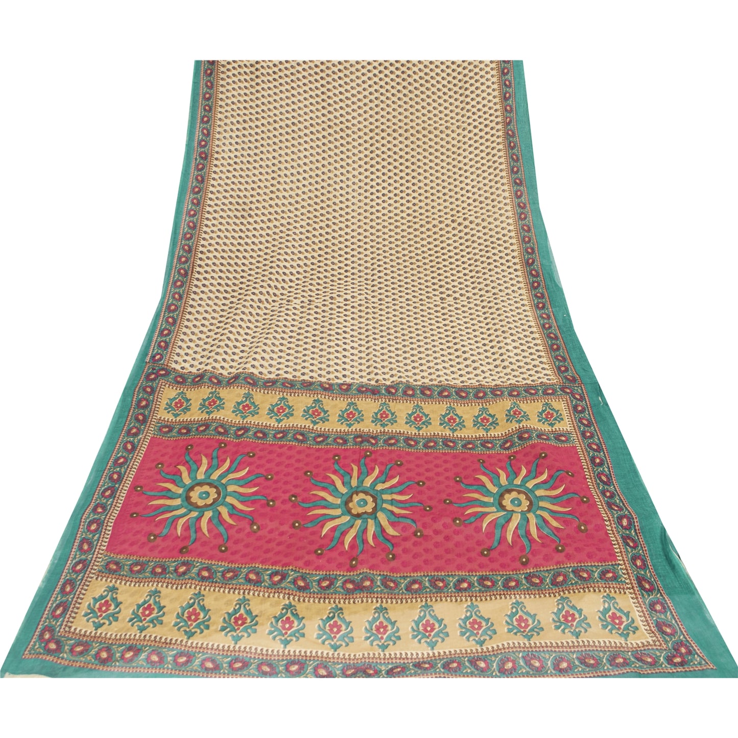 Sanskriti Vintage Sarees Indian Ivory Pure Cotton Printed Sari 5+yd Craft Fabric