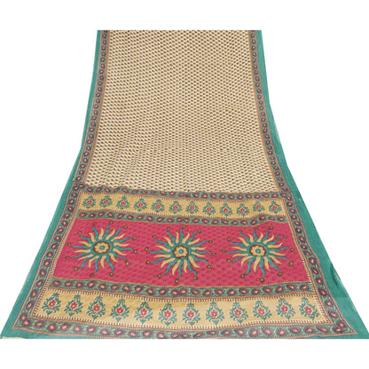 Sanskriti Vintage Sarees Indian Ivory Pure Cotton Printed Sari 5+yd Craft Fabric