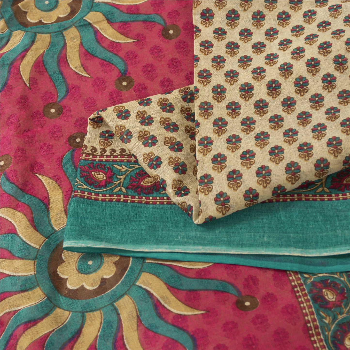 Sanskriti Vintage Sarees Indian Ivory Pure Cotton Printed Sari 5+yd Craft Fabric