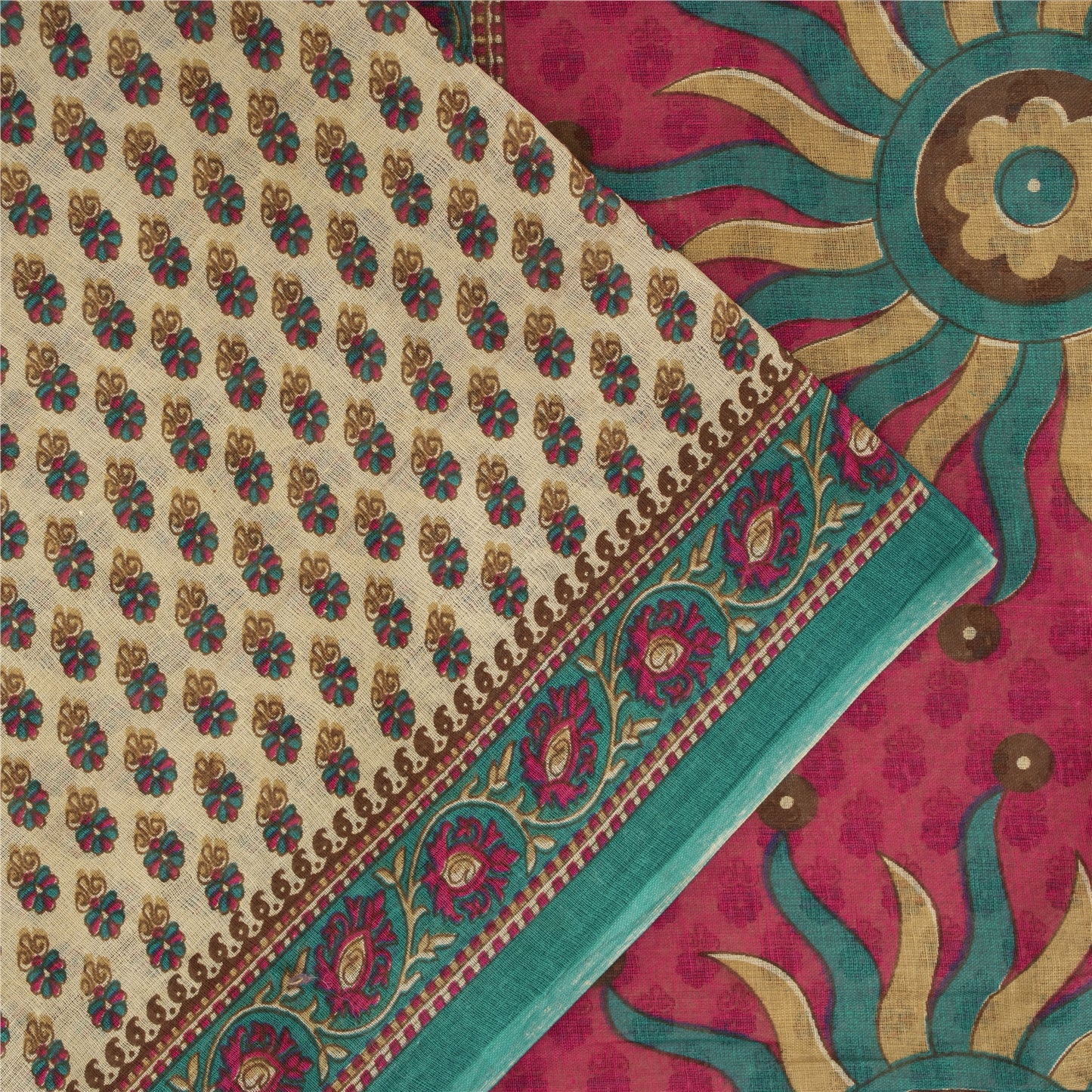 Sanskriti Vintage Sarees Indian Ivory Pure Cotton Printed Sari 5+yd Craft Fabric