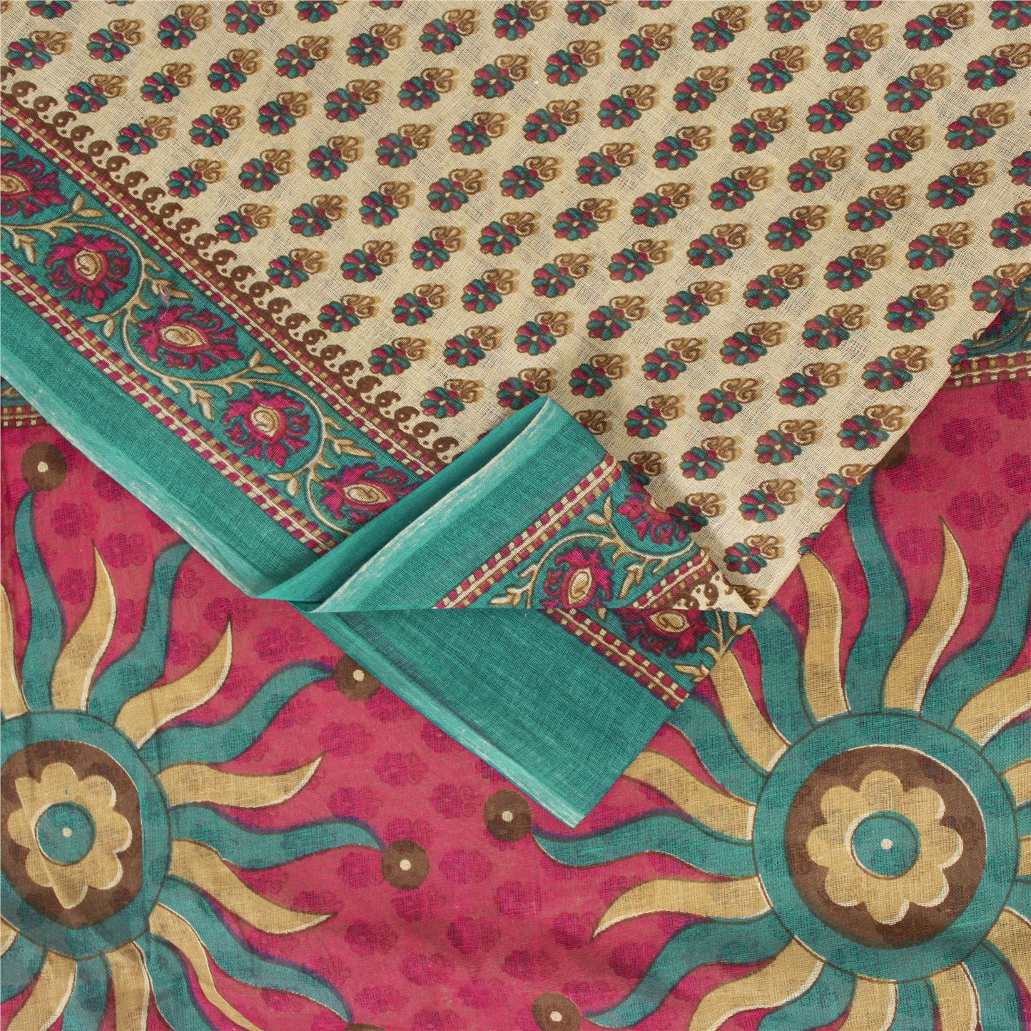 Sanskriti Vintage Sarees Indian Ivory Pure Cotton Printed Sari 5+yd Craft Fabric