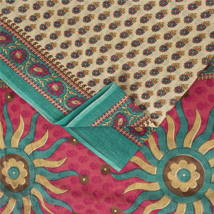 Sanskriti Vintage Sarees Indian Ivory Pure Cotton Printed Sari 5+yd Craft Fabric