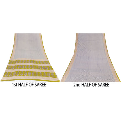 Sanskriti Vintage Sarees White & Green Pure Cotton Print Sari 5+yd Craft Fabric