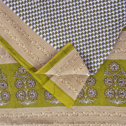 Sanskriti Vintage Sarees White & Green Pure Cotton Print Sari 5+yd Craft Fabric
