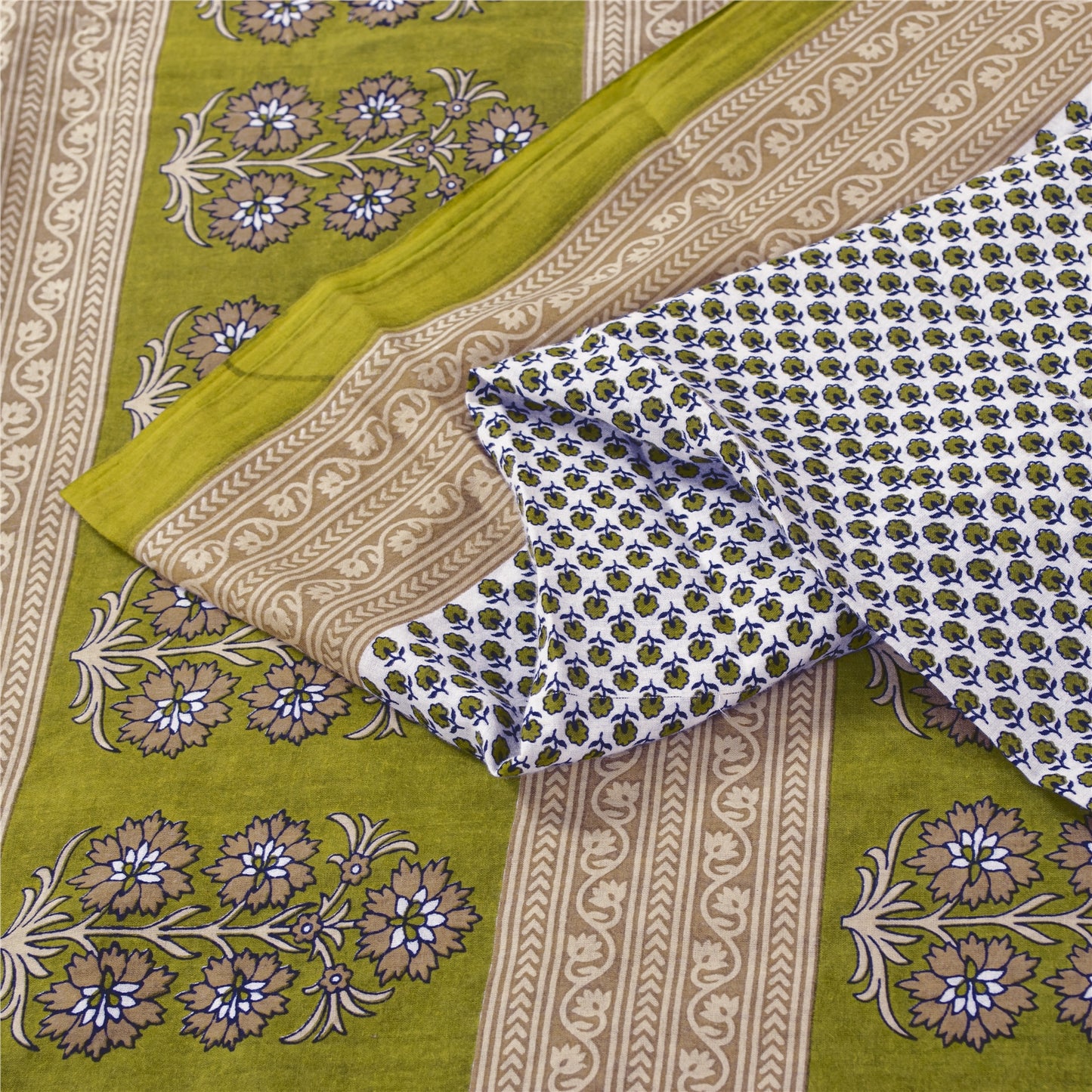 Sanskriti Vintage Sarees White & Green Pure Cotton Print Sari 5+yd Craft Fabric