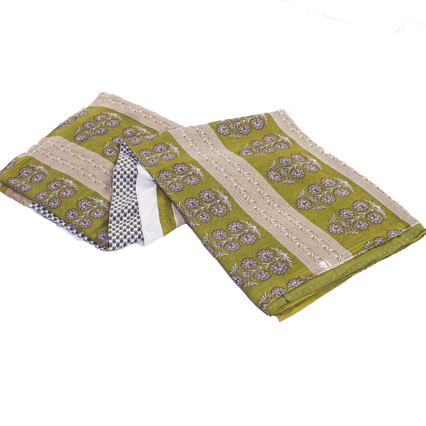 Sanskriti Vintage Sarees White & Green Pure Cotton Print Sari 5+yd Craft Fabric