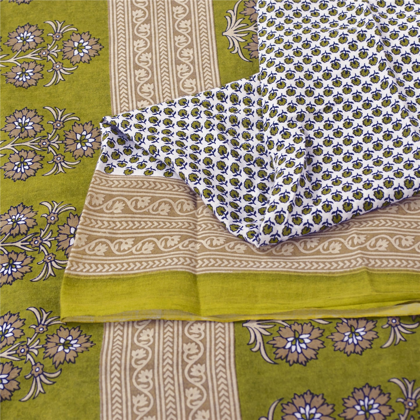 Sanskriti Vintage Sarees White & Green Pure Cotton Print Sari 5+yd Craft Fabric
