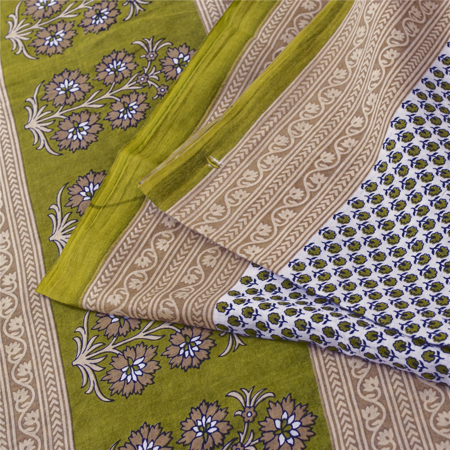 Sanskriti Vintage Sarees White & Green Pure Cotton Print Sari 5+yd Craft Fabric