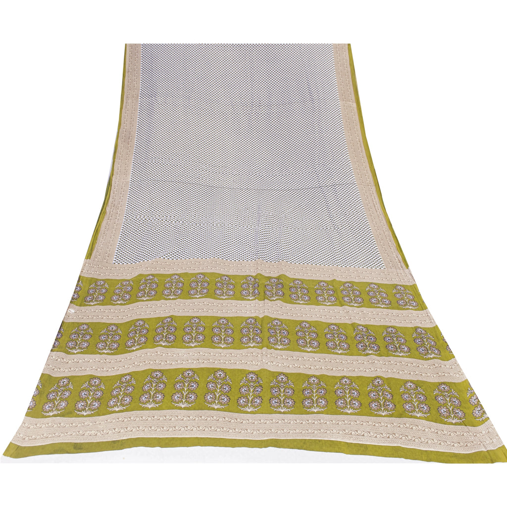 Sanskriti Vintage Sarees White & Green Pure Cotton Print Sari 5+yd Craft Fabric