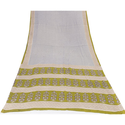 Sanskriti Vintage Sarees White & Green Pure Cotton Print Sari 5+yd Craft Fabric