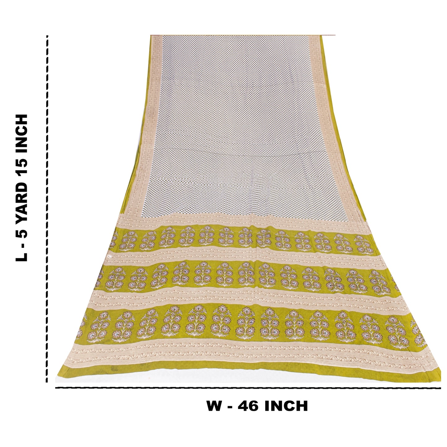 Sanskriti Vintage Sarees White & Green Pure Cotton Print Sari 5+yd Craft Fabric