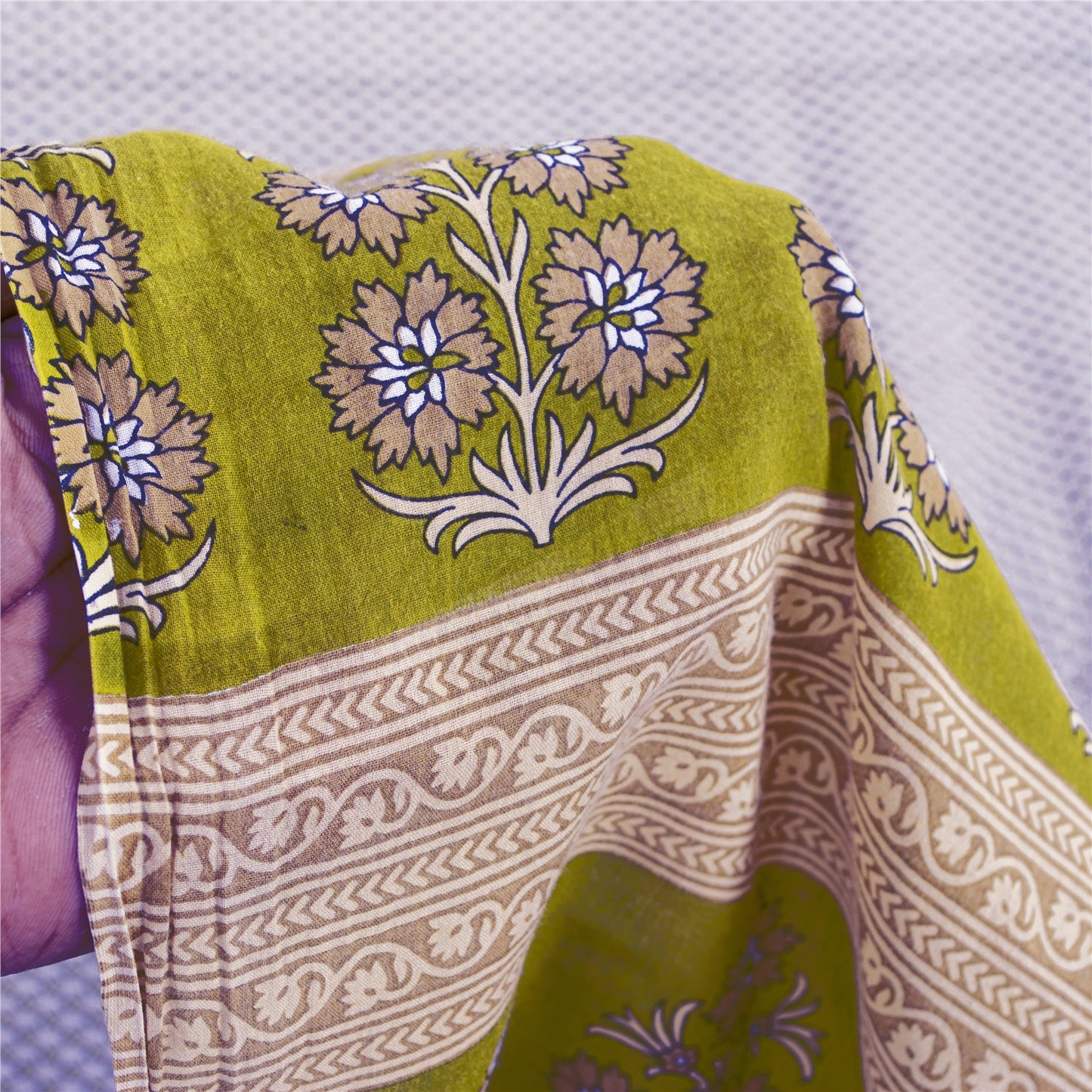 Sanskriti Vintage Sarees White & Green Pure Cotton Print Sari 5+yd Craft Fabric