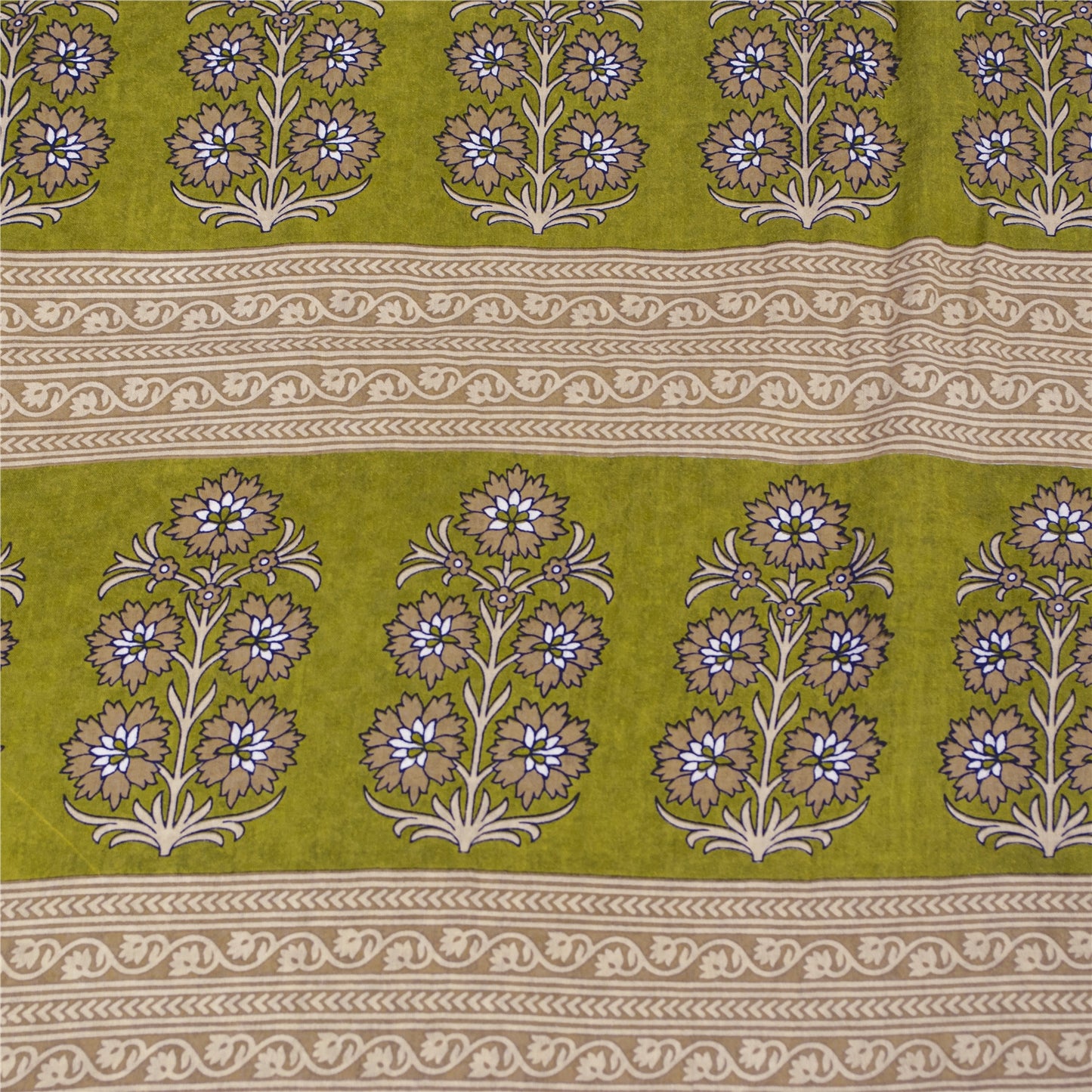 Sanskriti Vintage Sarees White & Green Pure Cotton Print Sari 5+yd Craft Fabric
