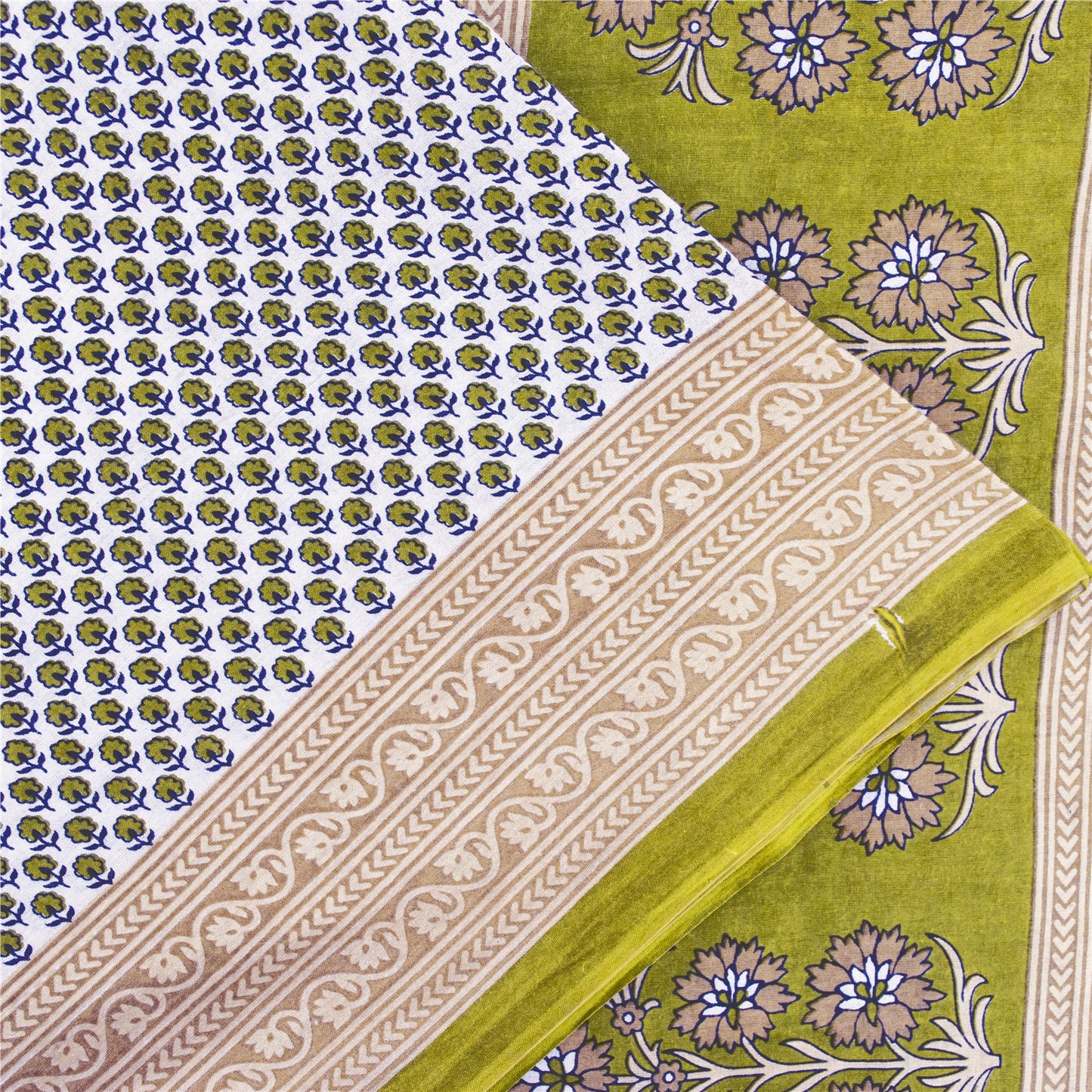 Sanskriti Vintage Sarees White & Green Pure Cotton Print Sari 5+yd Craft Fabric