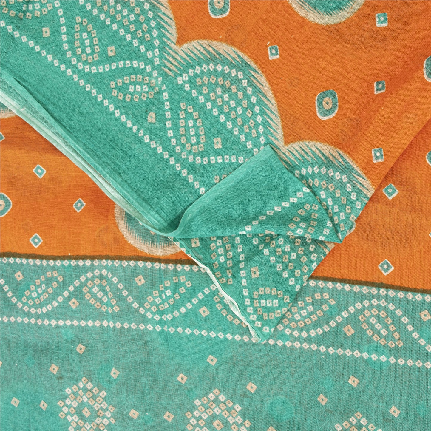 Sanskriti Vintage Sarees Orange & Blue Pure Cotton Print Sari 5+yd Craft Fabric