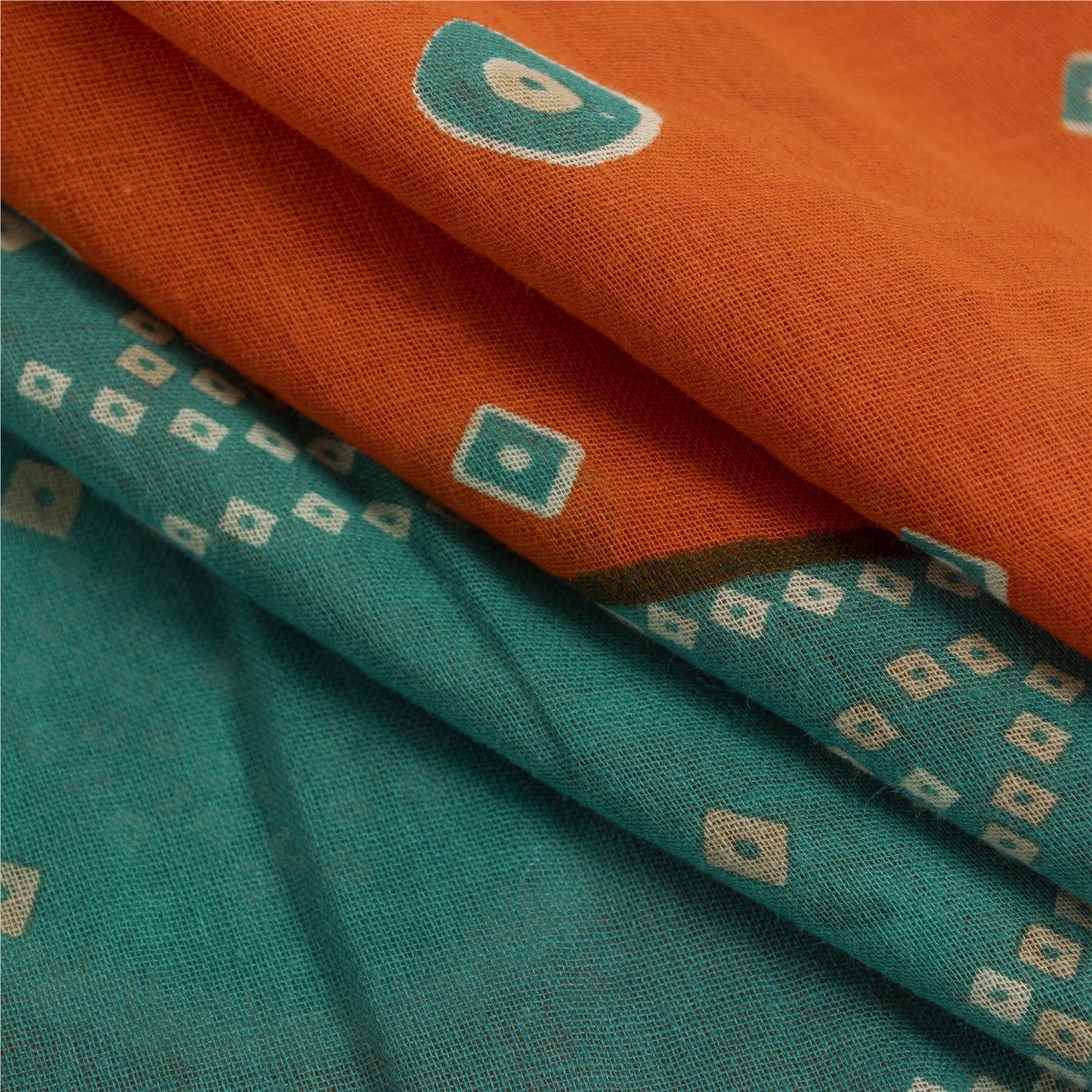 Sanskriti Vintage Sarees Orange & Blue Pure Cotton Print Sari 5+yd Craft Fabric