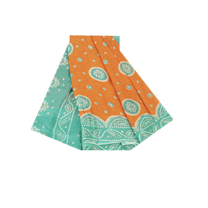 Sanskriti Vintage Sarees Orange & Blue Pure Cotton Print Sari 5+yd Craft Fabric