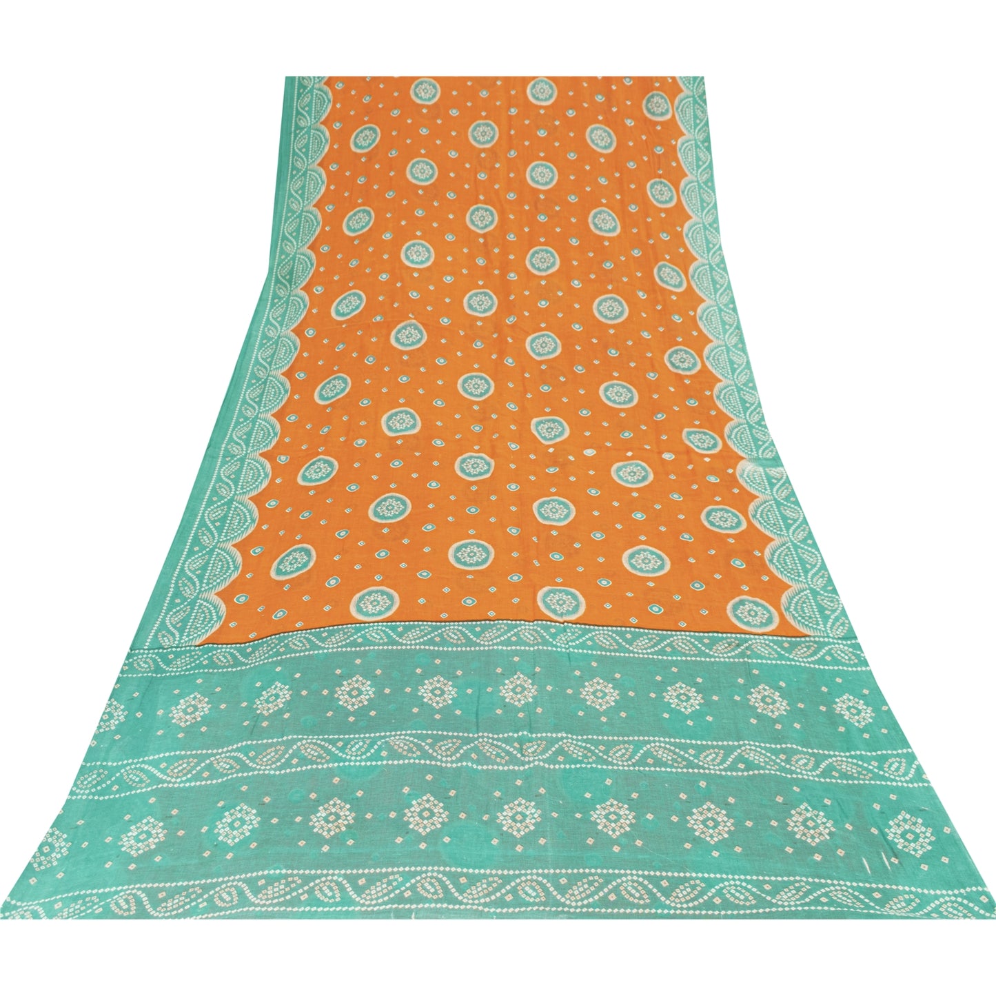 Sanskriti Vintage Sarees Orange & Blue Pure Cotton Print Sari 5+yd Craft Fabric