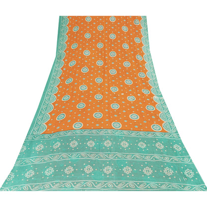 Sanskriti Vintage Sarees Orange & Blue Pure Cotton Print Sari 5+yd Craft Fabric