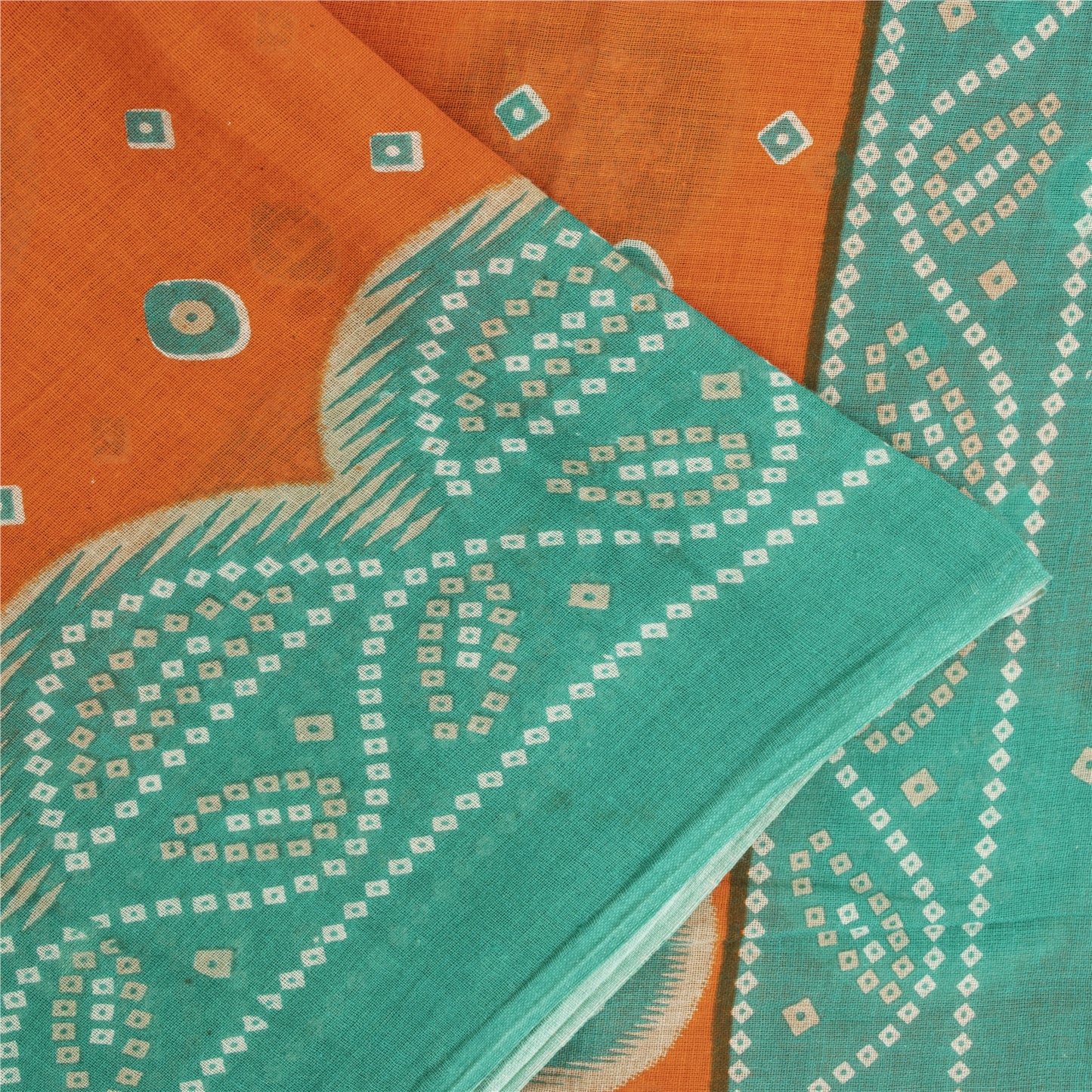 Sanskriti Vintage Sarees Orange & Blue Pure Cotton Print Sari 5+yd Craft Fabric