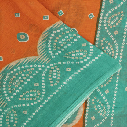 Sanskriti Vintage Sarees Orange & Blue Pure Cotton Print Sari 5+yd Craft Fabric