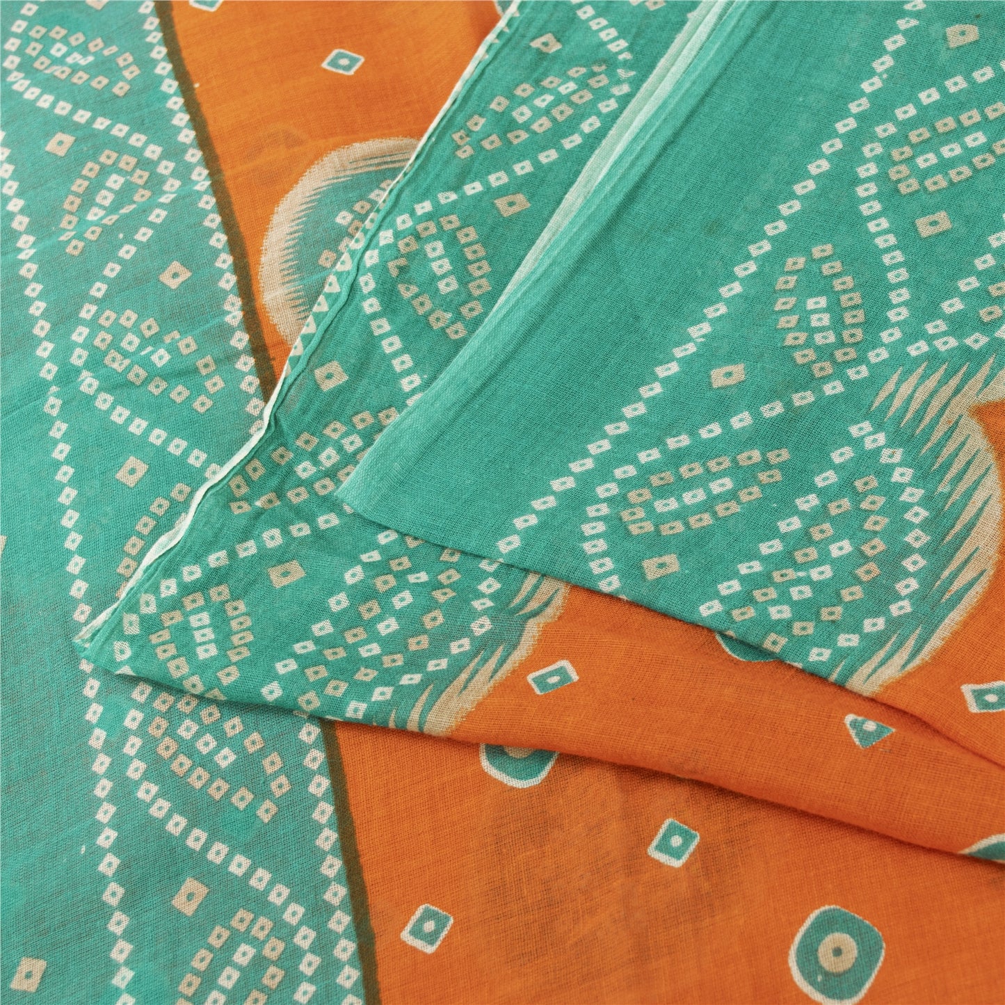 Sanskriti Vintage Sarees Orange & Blue Pure Cotton Print Sari 5+yd Craft Fabric