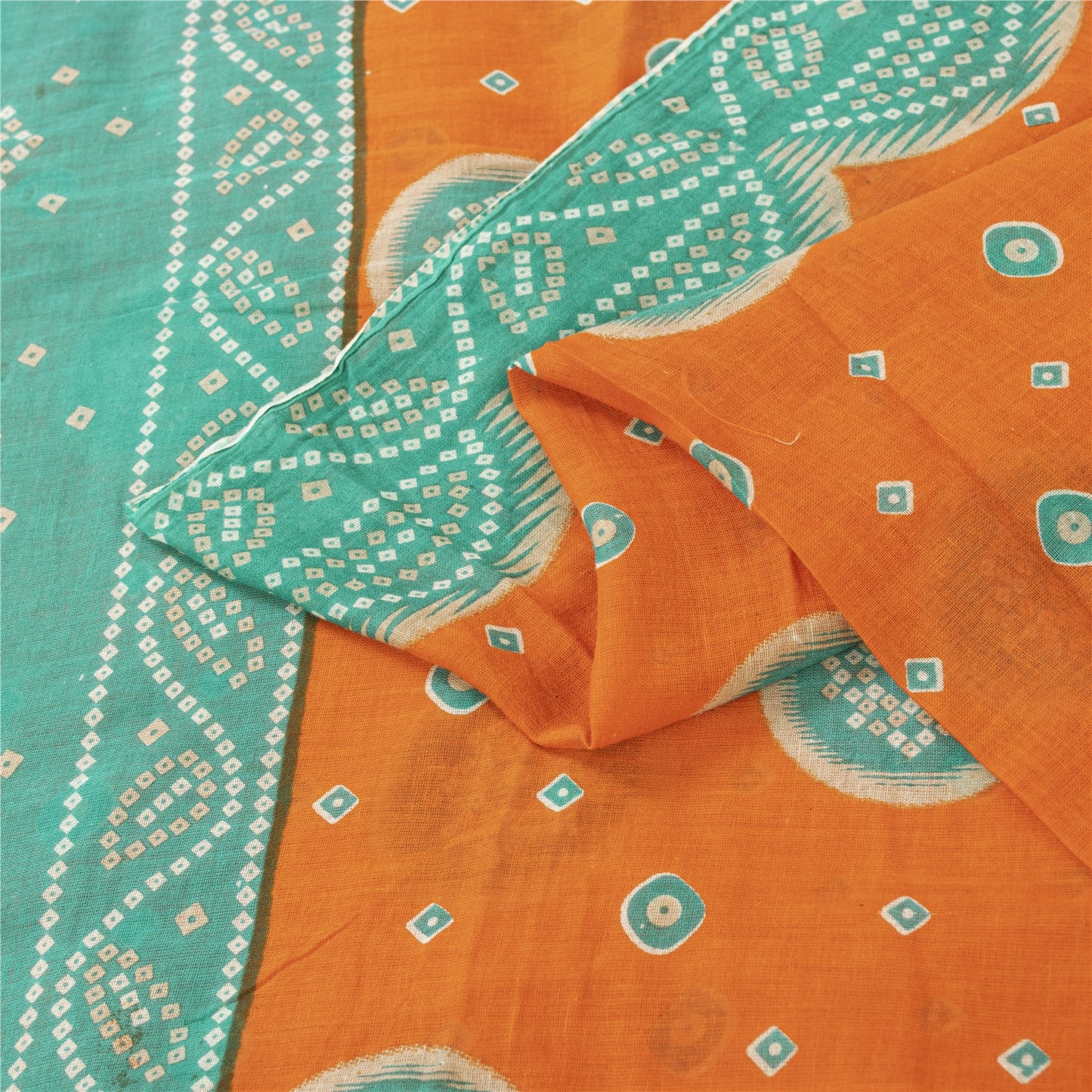 Sanskriti Vintage Sarees Orange & Blue Pure Cotton Print Sari 5+yd Craft Fabric