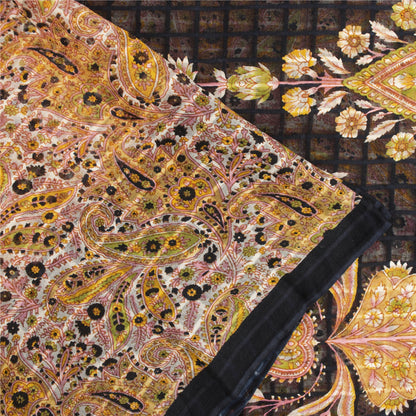 Sanskriti Vintage Sarees White & Yellow Pure Cotton Print Sari 5+yd Craft Fabric