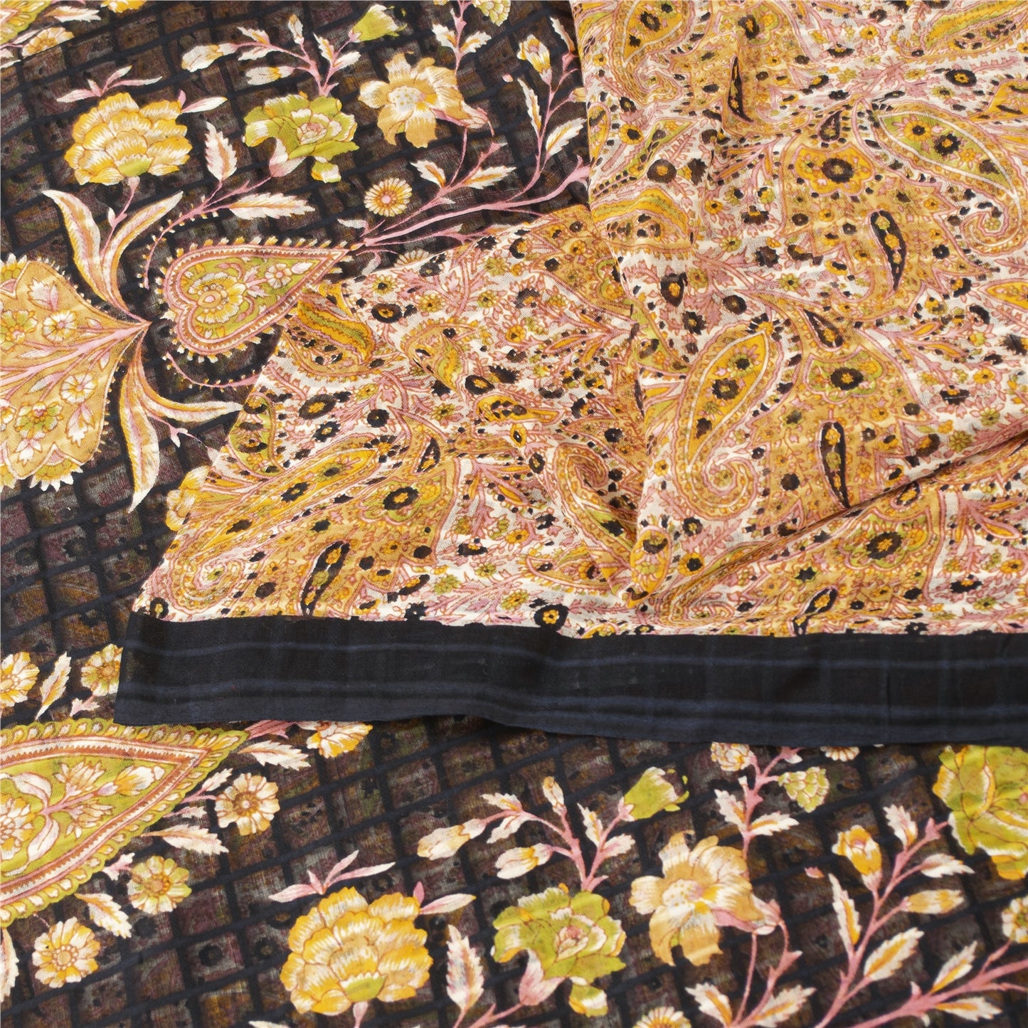 Sanskriti Vintage Sarees White & Yellow Pure Cotton Print Sari 5+yd Craft Fabric