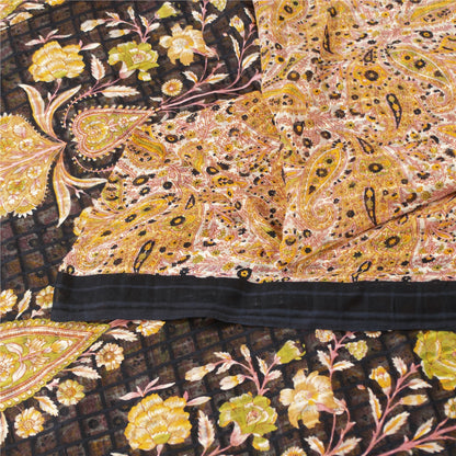 Sanskriti Vintage Sarees White & Yellow Pure Cotton Print Sari 5+yd Craft Fabric